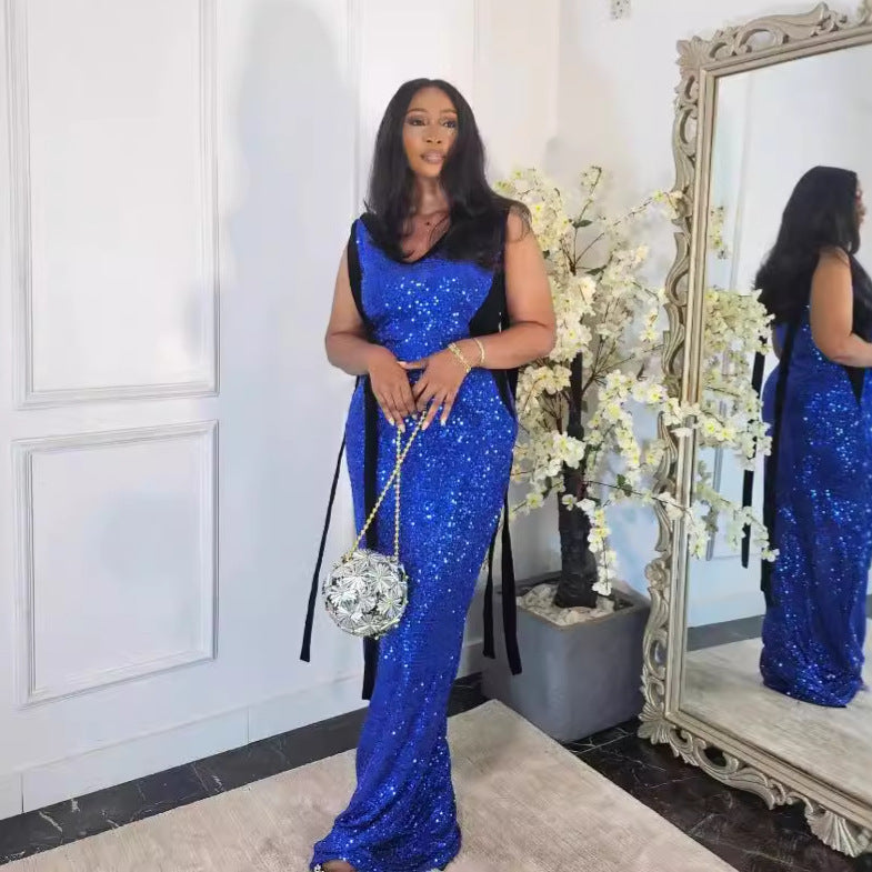 Women Sexy Lace-Up V-neck Sequin Dress 5