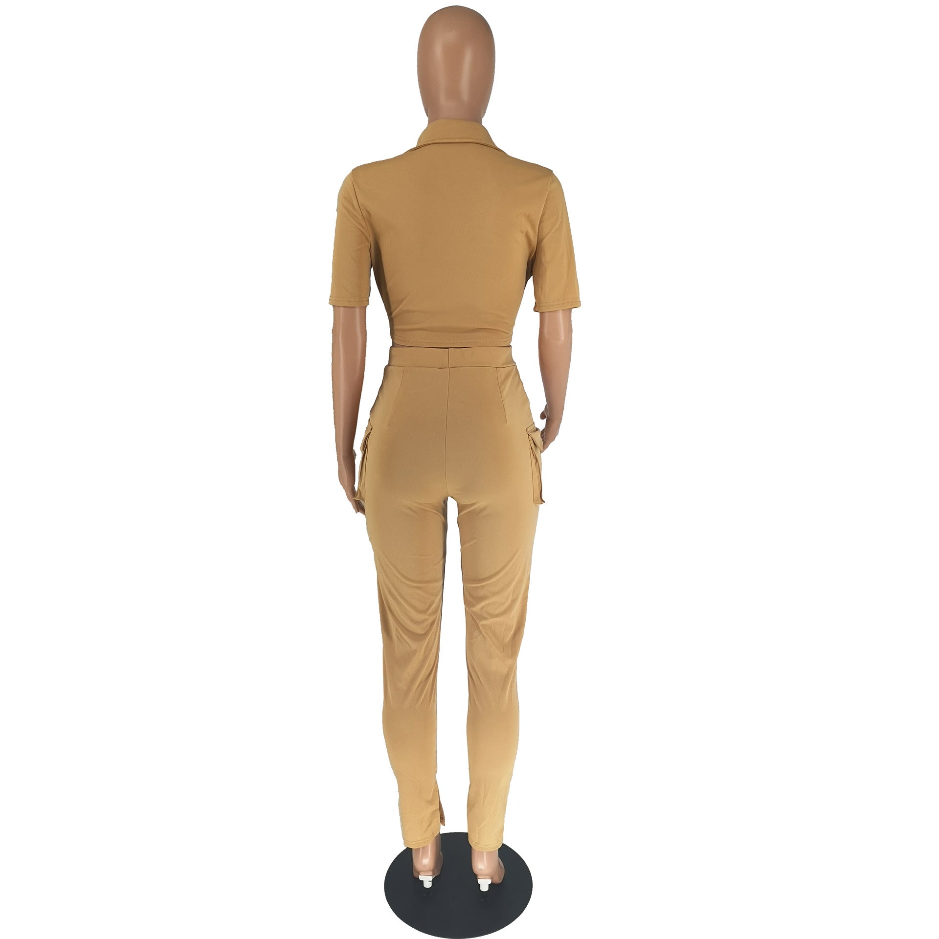 Women's Casual SOLid COLor  Short Sleeve Shirt Slit Trousers Two Piece Set 15