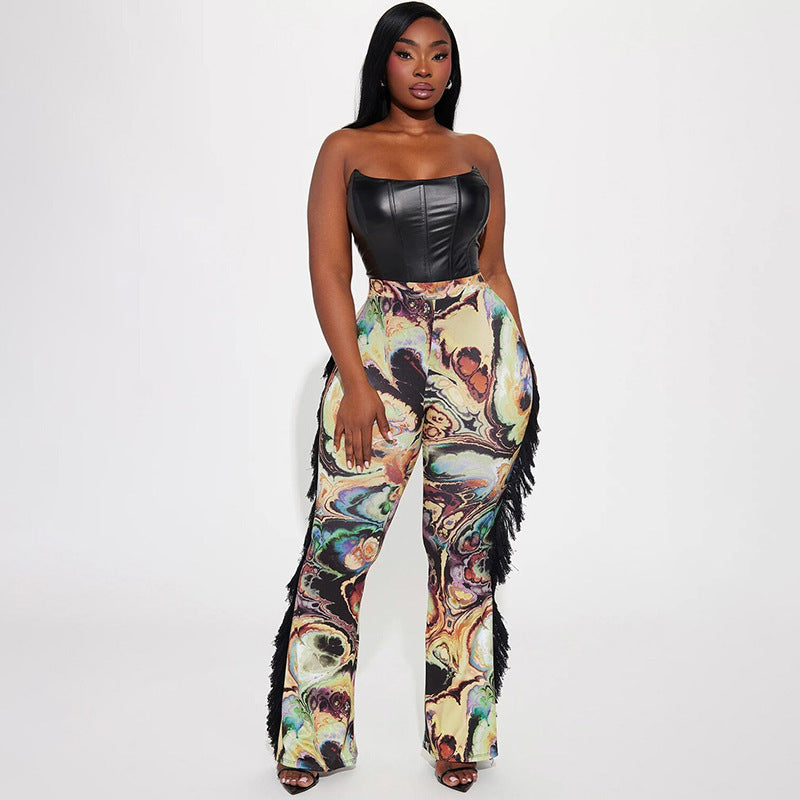 Women Autumn/Winter Multi-Color Printed Fringed Patchwork Pants 4