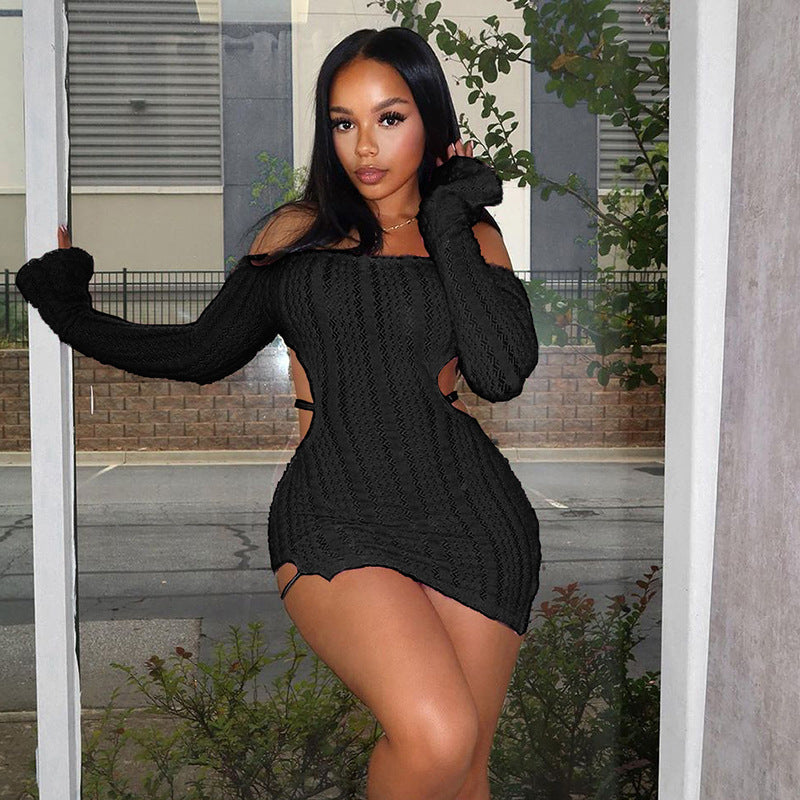 Women Clothing Off Shoulder Sexy Chest Wrap Hollow Backless Slit Dress 9