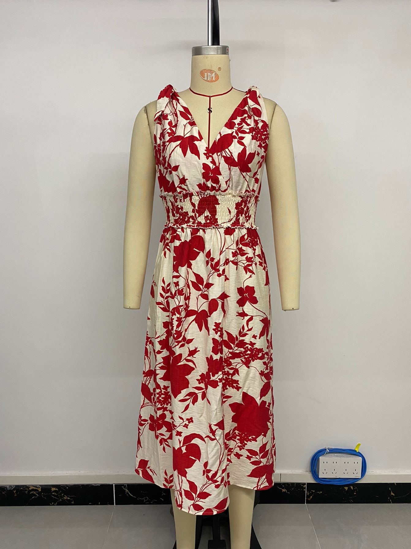 Women summer Holidays sleeveless bow red floral print dress 8