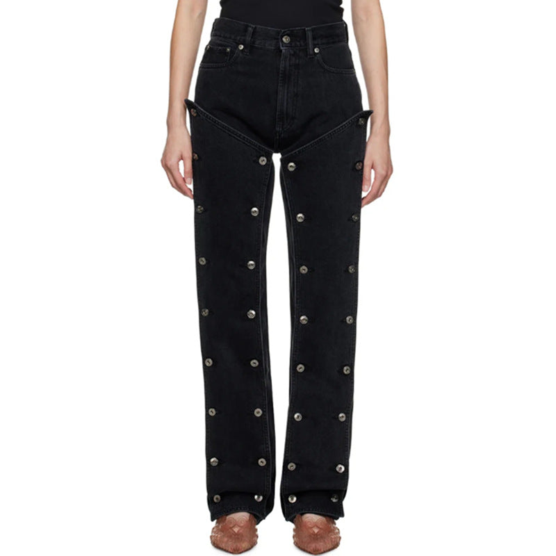 Autumn Street Trend Button Irregular Denim Pants High Waist Slim Fit Jeans 8