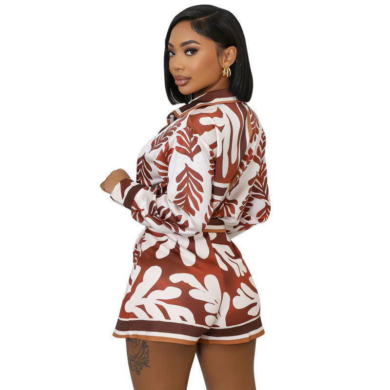 Women Casual Printed Long Sleeve Top and Shorts Two-piece Set 3