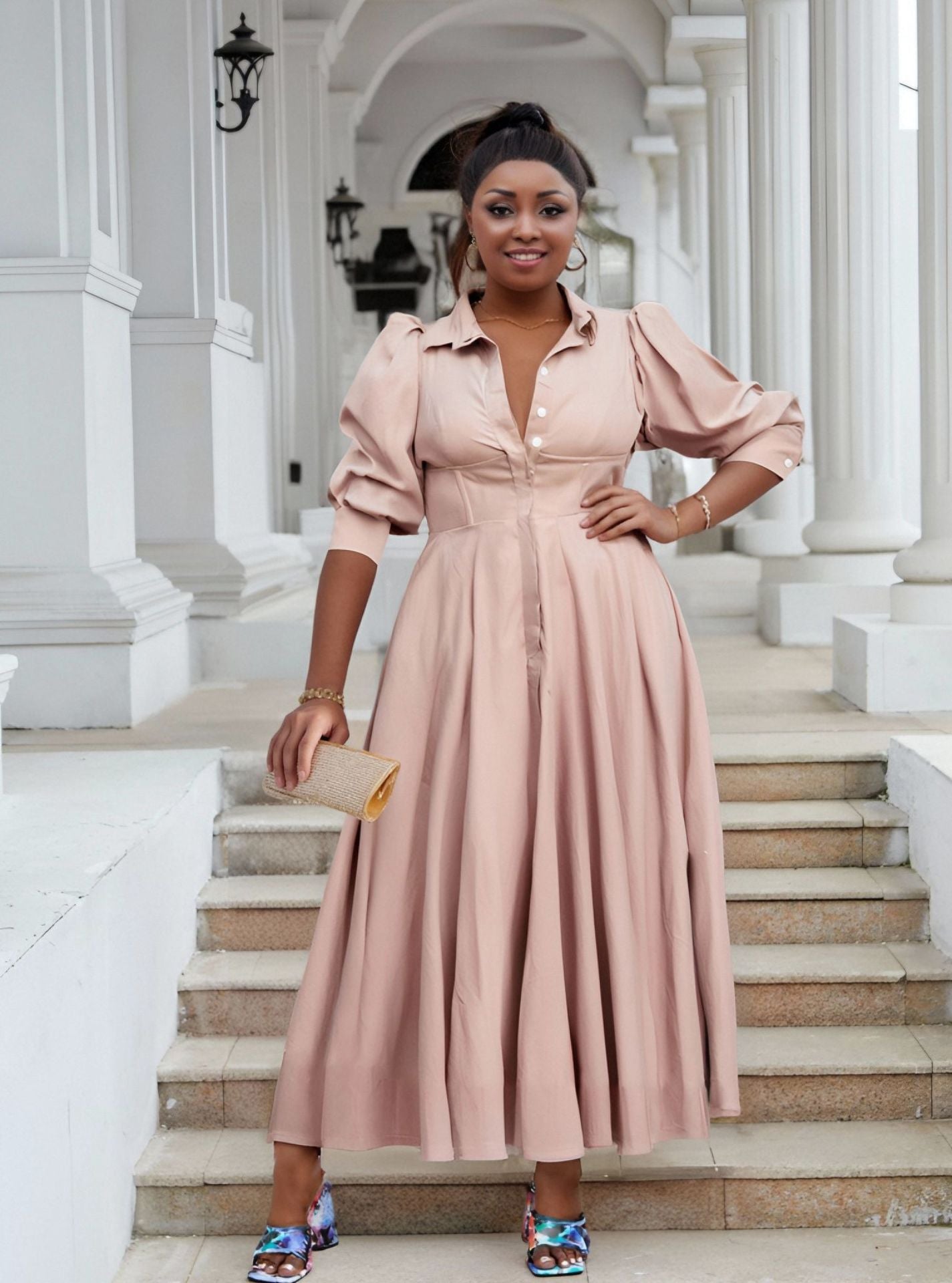 Plus Size Women Elegant Long Sleeve Solid Shirt Dress 6