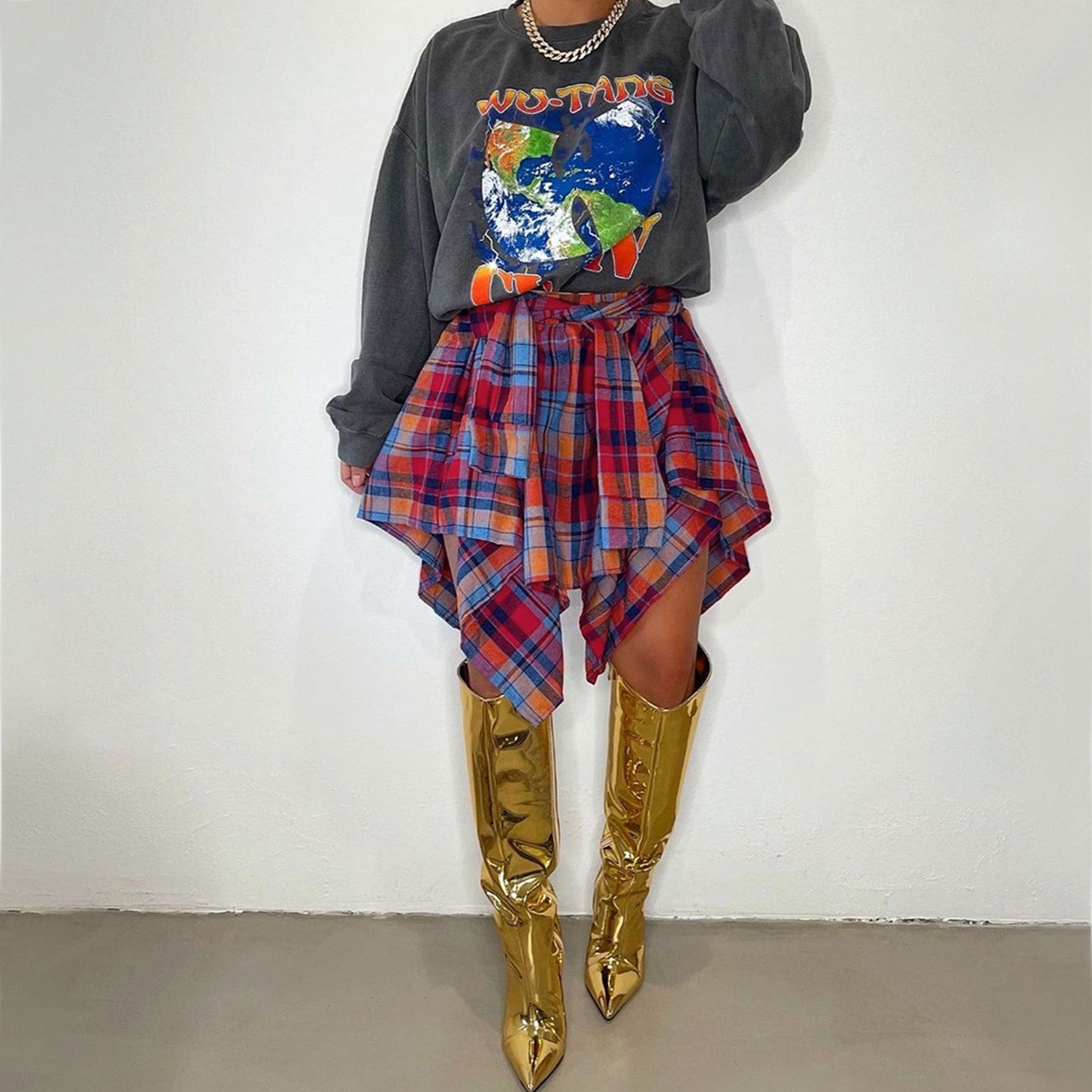 Fashionable Asymmetrical High-Waist Patchwork Plaid Skirt 15