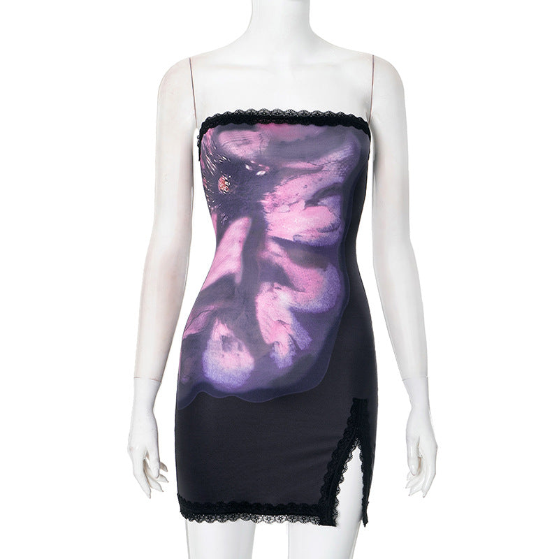 Women Spring and Summer Strapless Floral Print Lace Slit Bodycon Dress 5