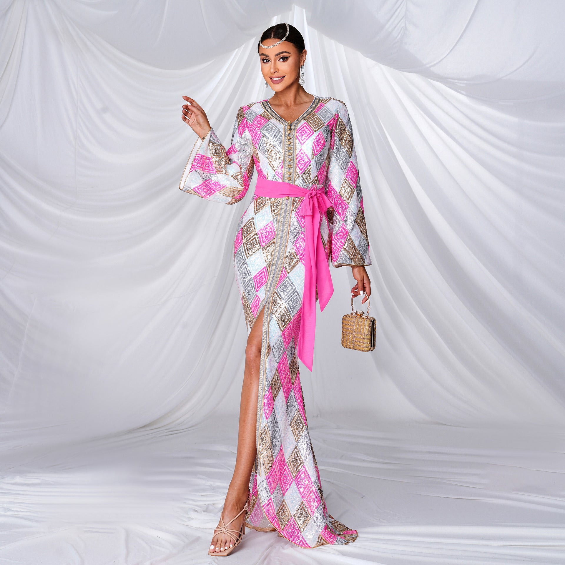 Saudi Arabian Clothing V-Neck Sequin Muslim Evening Dress Women's Clothing 5