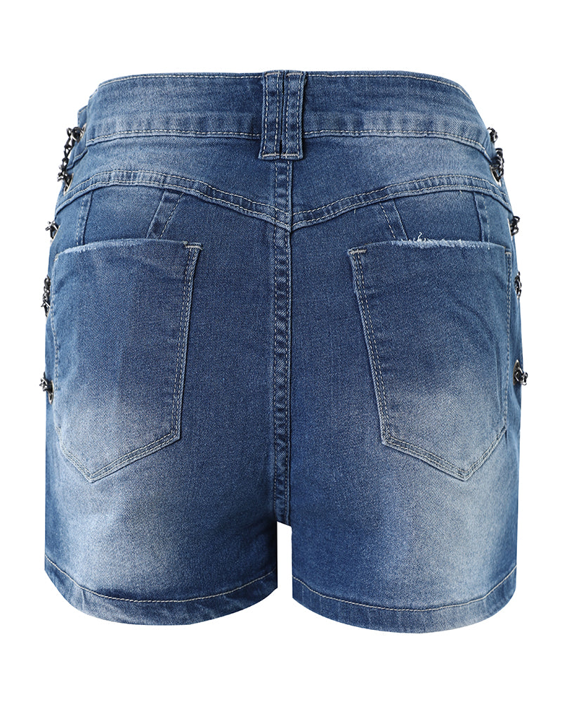 Women's Side Metal Chain Lace-Up Ripped Tight Fitting Denim Shorts 7