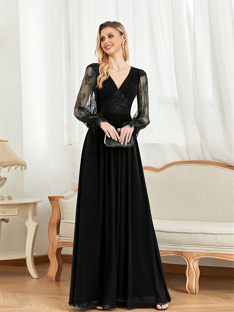 Women long sleeve v-neck ruffle sleeve bridesmaid dress fishtail formal party evening dress