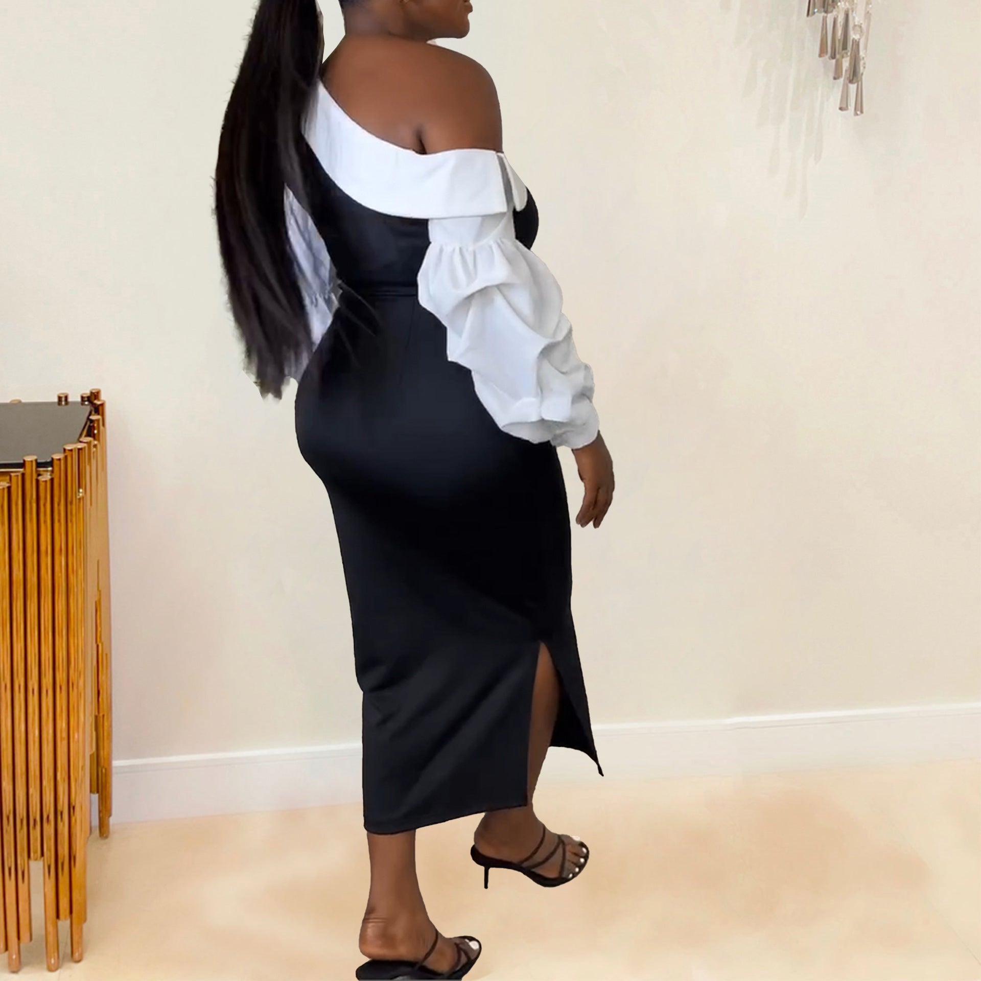 Women Contrast Slash Shoulder Stretch Bodycon Slit Balloon Sleeve Dress 5