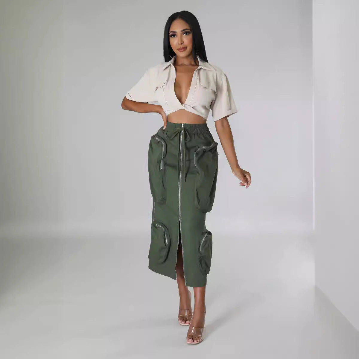 Plus Size Women Waist Cord Zipper Cargo Skirt 14