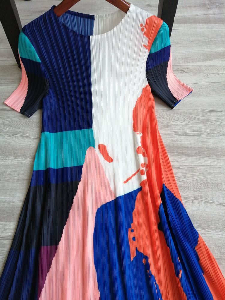 Women Summer Contrast Color Pleated Short Sleeve Dress 15