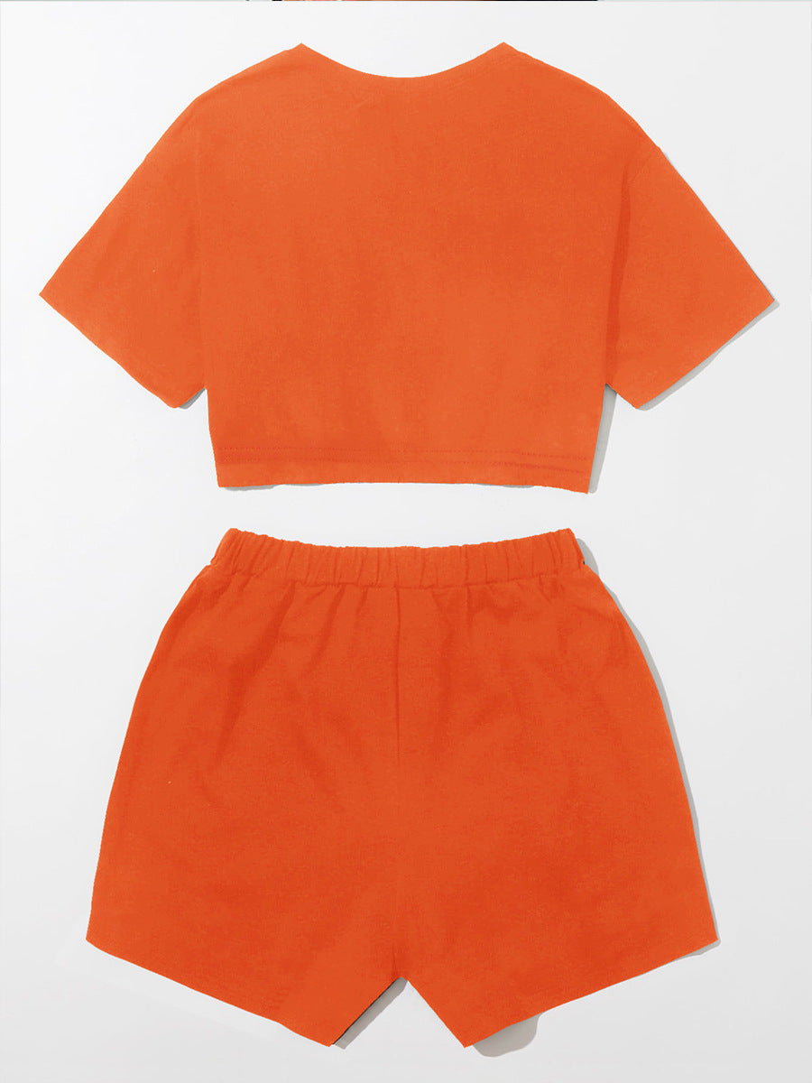 Solid Letter Print Casual Two Piece Women's Street T-Shirt Shorts Set 8