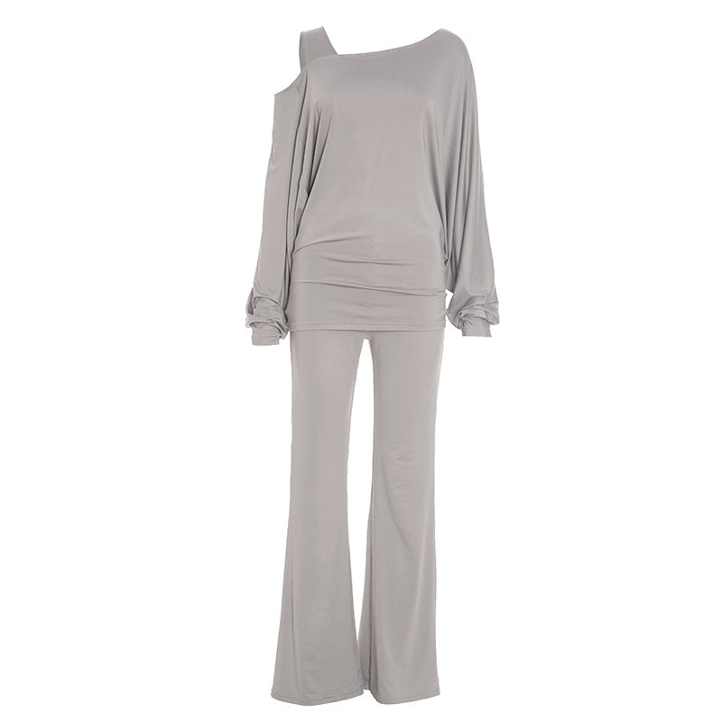 Women's Autumn & Winter Solid Color Casual Slash Shoulder One-Shoulder Lantern Long Sleeve Bell Bottom Pants Set 7