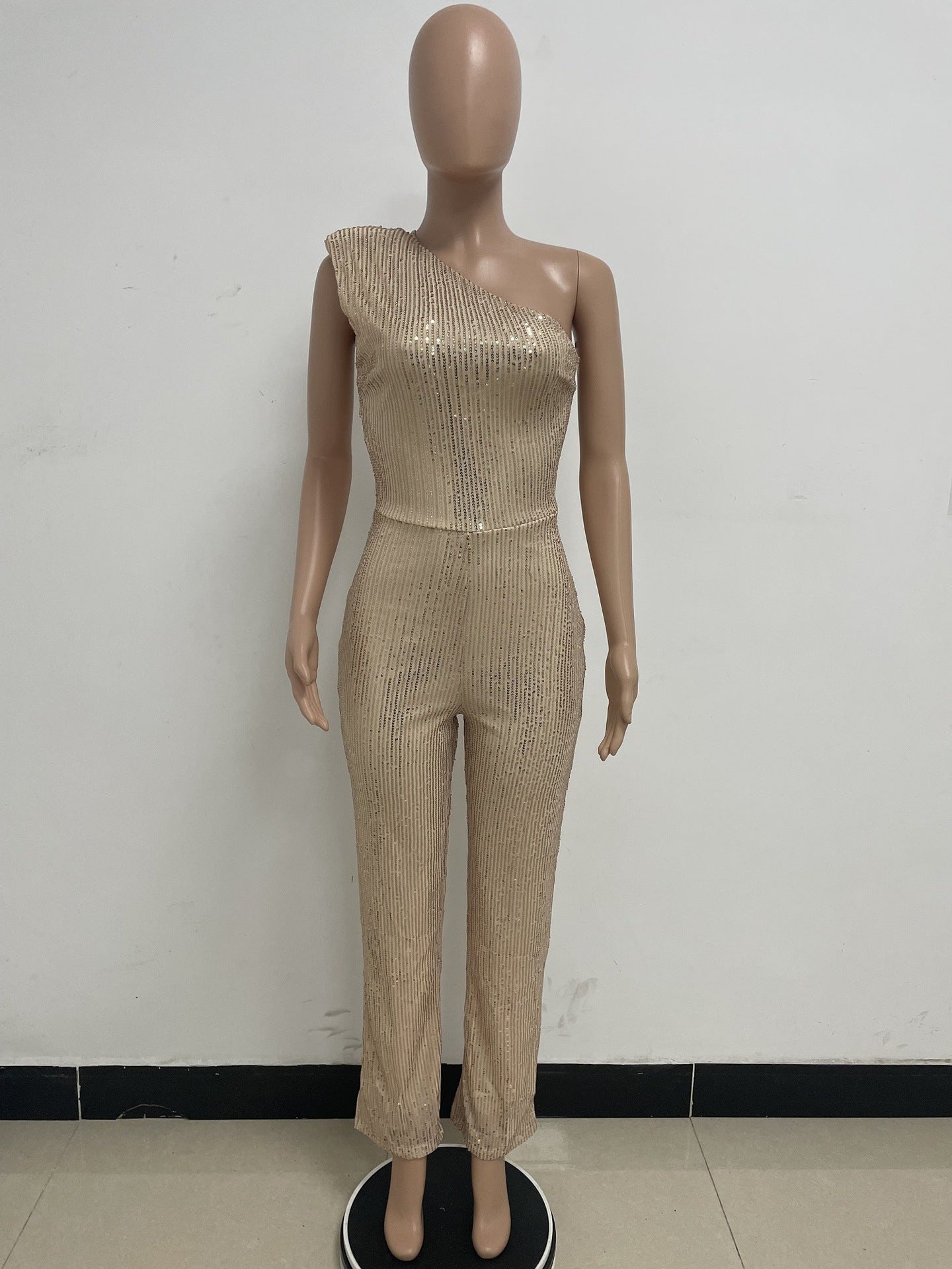 Women's Sleeveless One Shoulder Low Back Sequined Jumpsuit 44