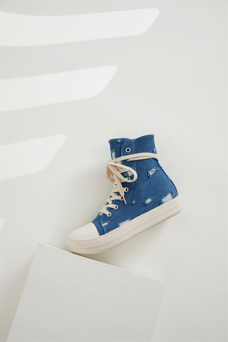 Platform Canvas Shoes Women's Washed Couple High-Top Shoes Ripped Denim Style Trendy Shoes For Men 17