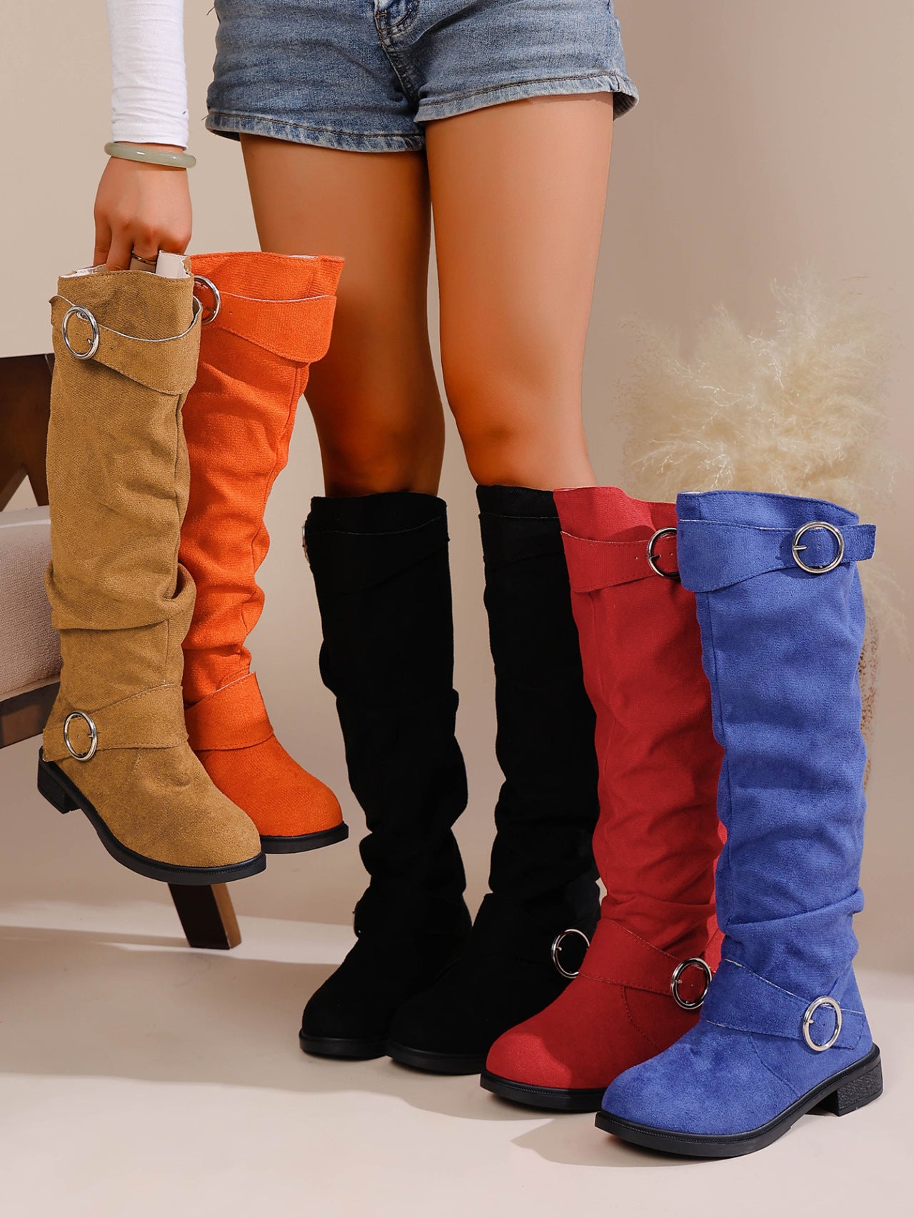 Autumn Winter Pleated Stacked Boots Women SChunky Heel Platform Suede Boots 24