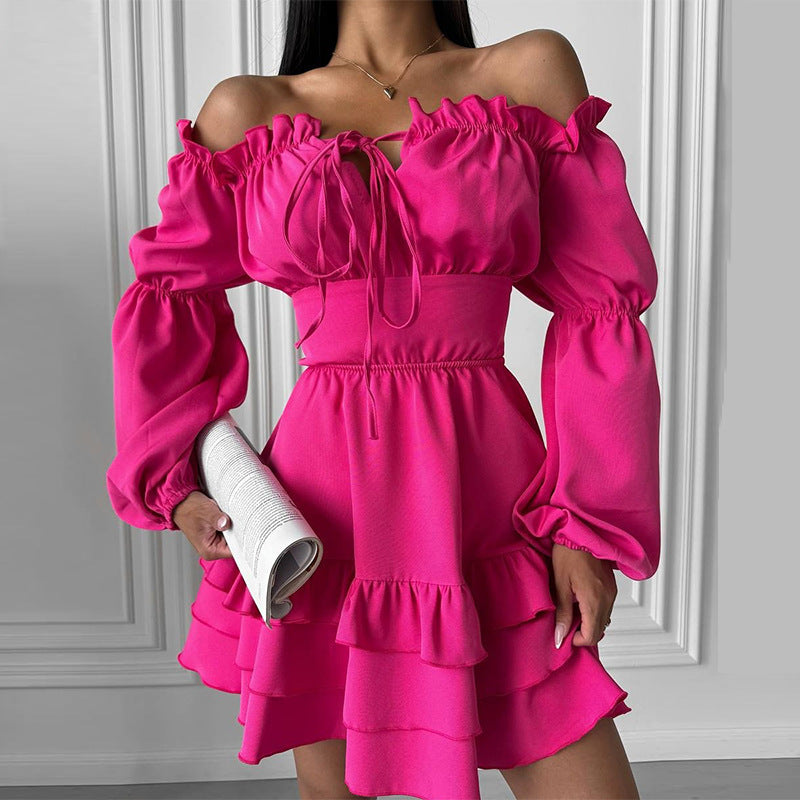 Solid Color Off Shoulder Puff Sleeve Sexy Summer Dress 9