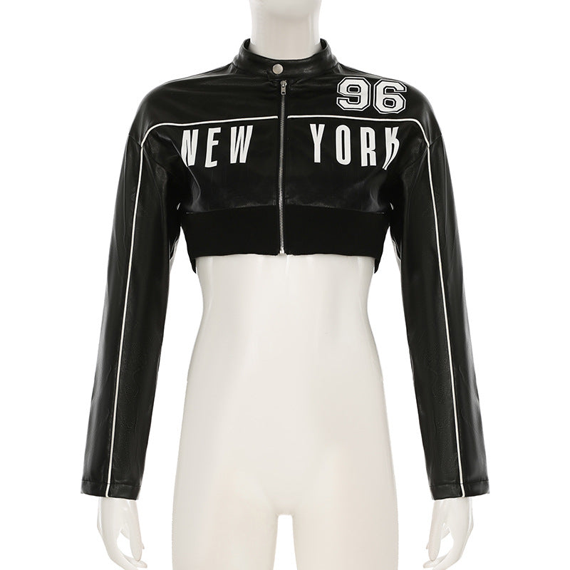 Women American letter print contrast color zipper long sleeve Pu Leather Crop jacket 7