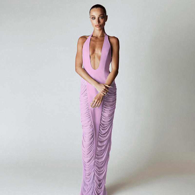 Women summer sexy deep V-neck Halter Neck Patchwork Mesh Dress 3