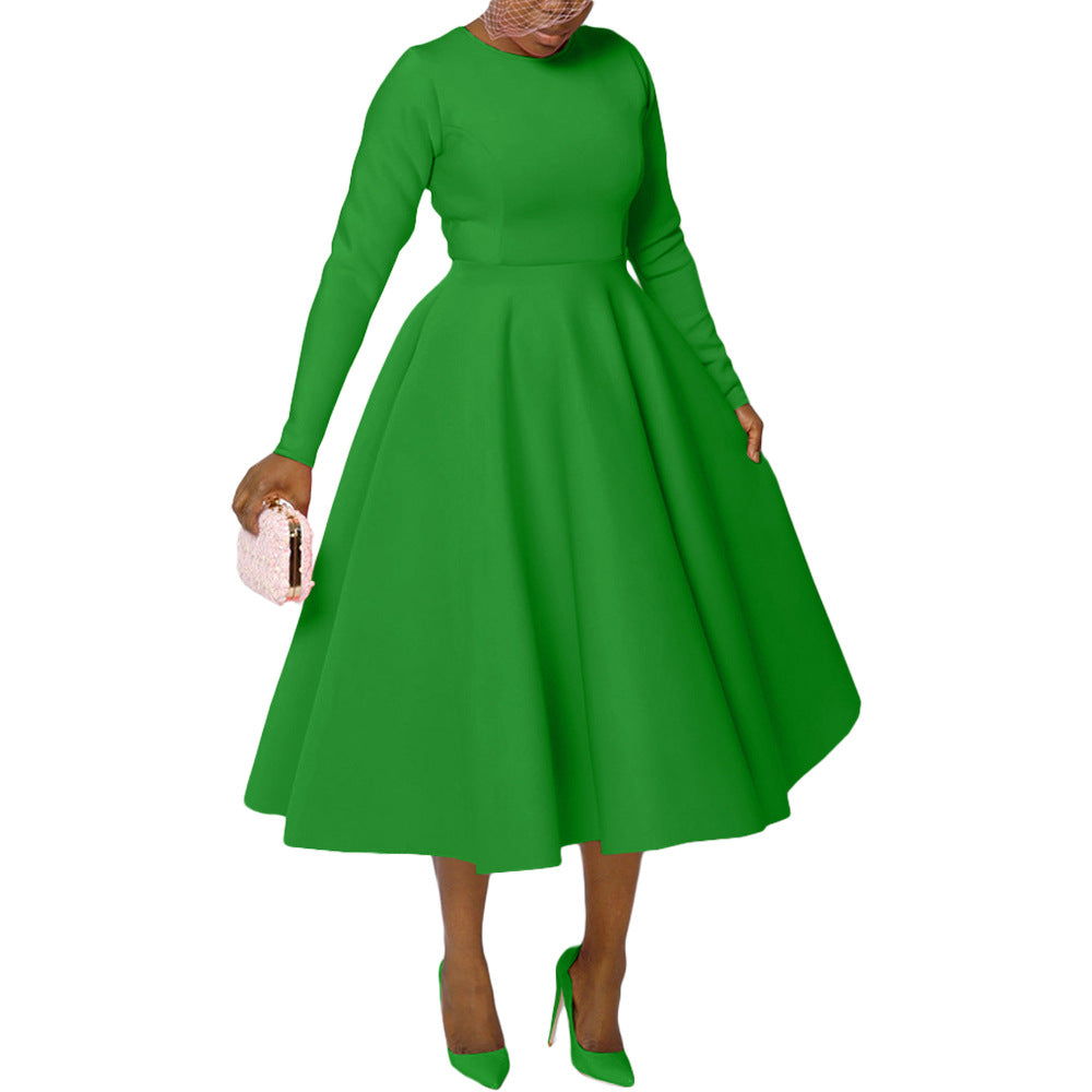Women's Solid Round Neck Long Sleeve A-Line Dress 15