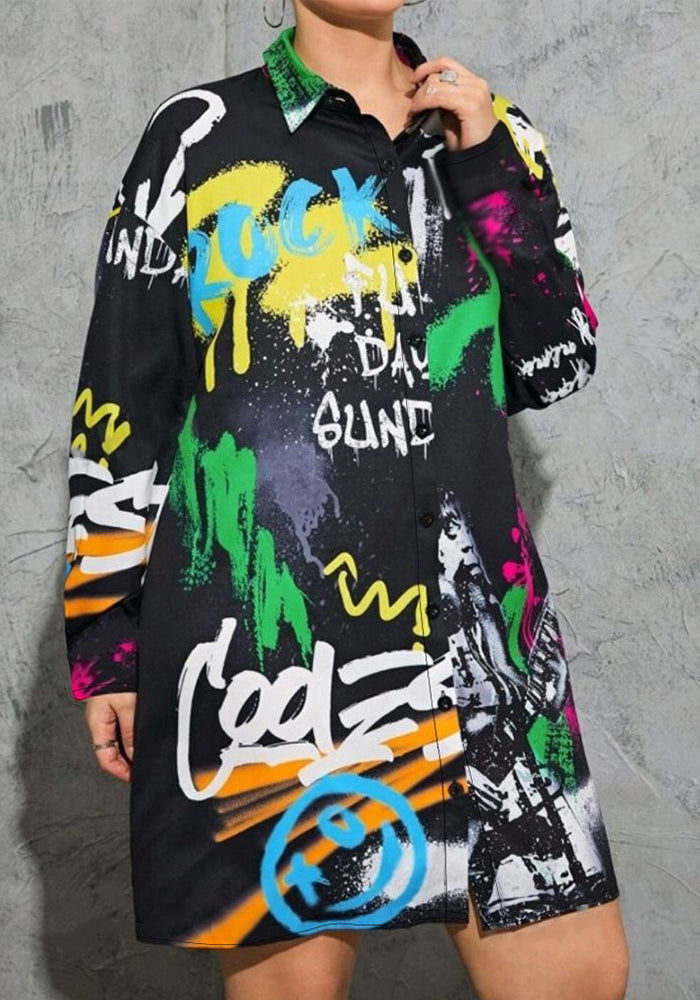 Fashion Print Loose Plus Size Women's Turndown Collar Long-Sleeved Shirt Dress