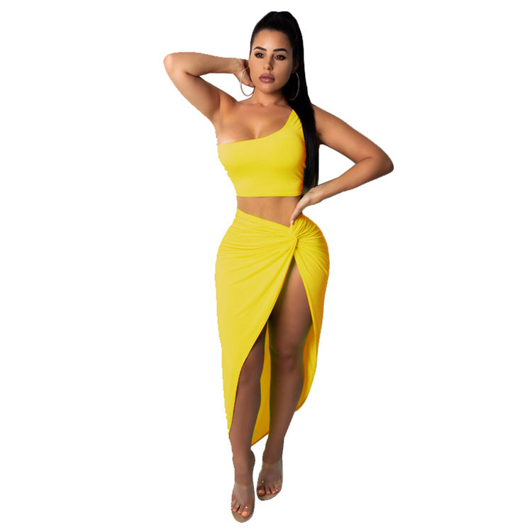 Plus Size Women Crinkled Solid Crop Top And Skirt Two Piece
