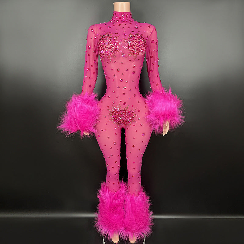 Women Sexy Style Fluffy Mesh See-Through Jumpsuit 20