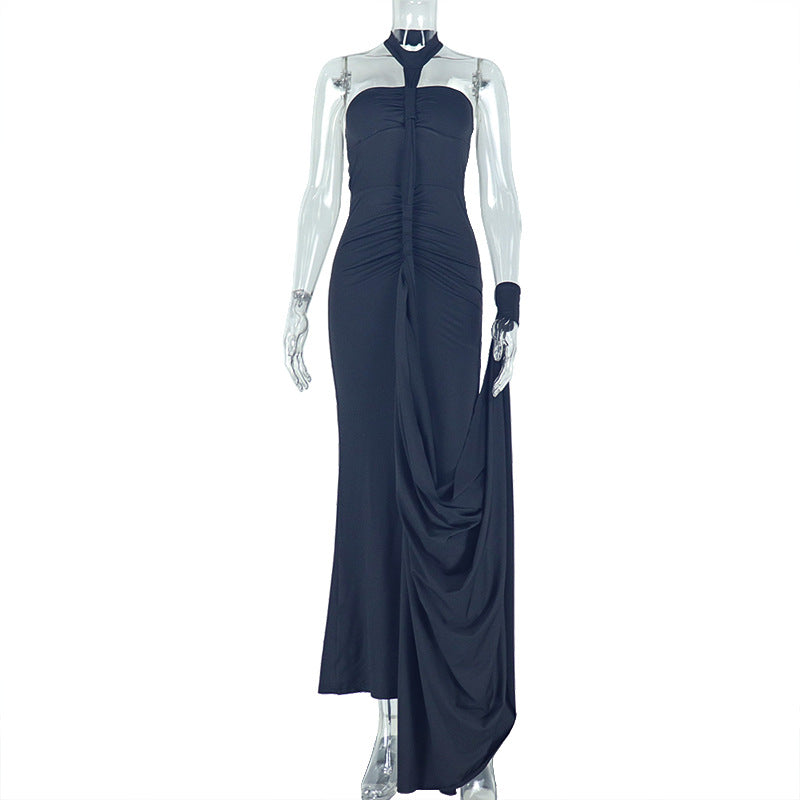 Solid color chic women's clothing low back strapless halter neck long dress formal party gown 7