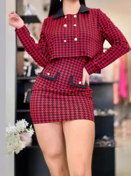 Women Plaid Jacket and Skirt Two Piece Set