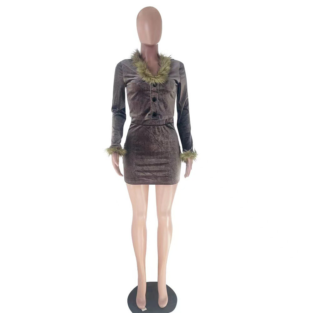 Women'S Autumn/Winter Velvet Fur V-Neck Long Sleeve Slim Fitted Top And Skirt Sexy Two Piece Veet 10