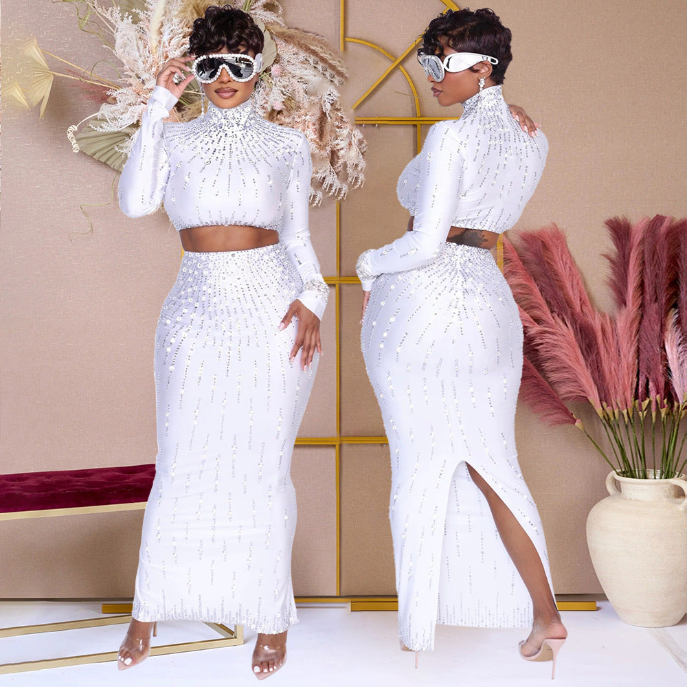 Long Sleeve Top & Bodycon Slit Skirt Party Printed Two-Piece Set 5