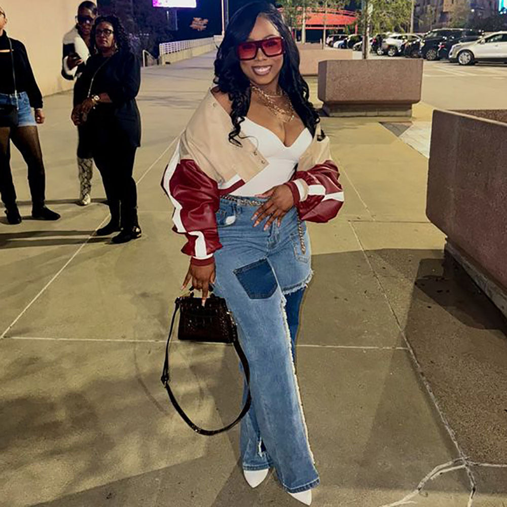 Women Casual Contrast Patchwork Denim Pants 4