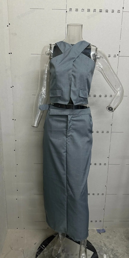 Women Summer Solid Halter Neck Vest Skirt Two-piece Set 7