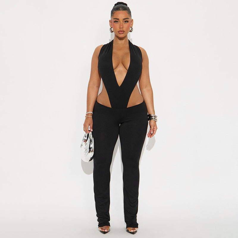Women Spring and Summer Sexy V Neck Sleeveless Bodysuit and Flared Pants Two-piece Set 3