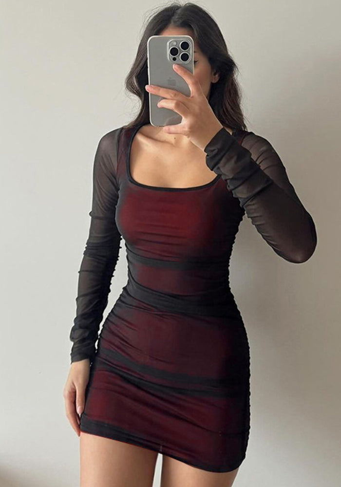 Women Sexy Mesh Long Sleeve Bodycon Dress