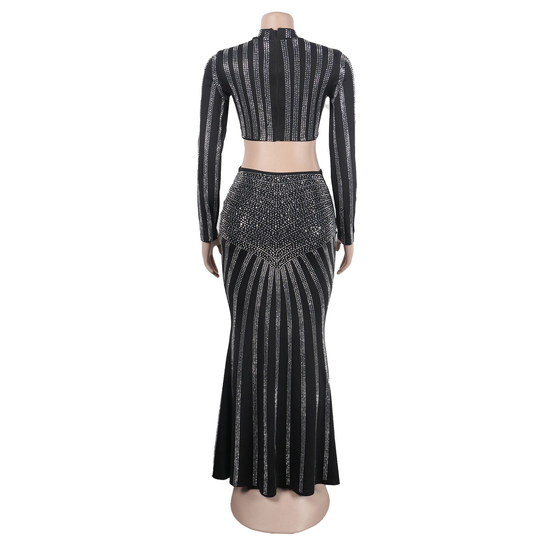 Sexy Beaded Tight Fitting Stretch Long Sleeve Top Bodycon Mermaid Skirt Suit 17