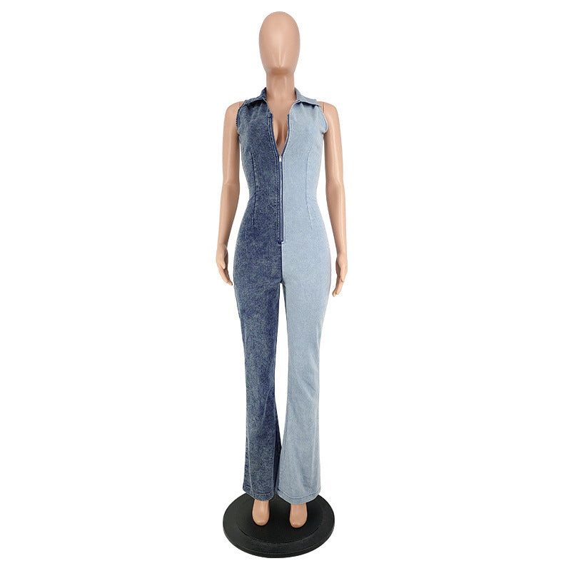 Plus Size Women's Fall Color Block Wash Sexy Denim Jumpsuit 11