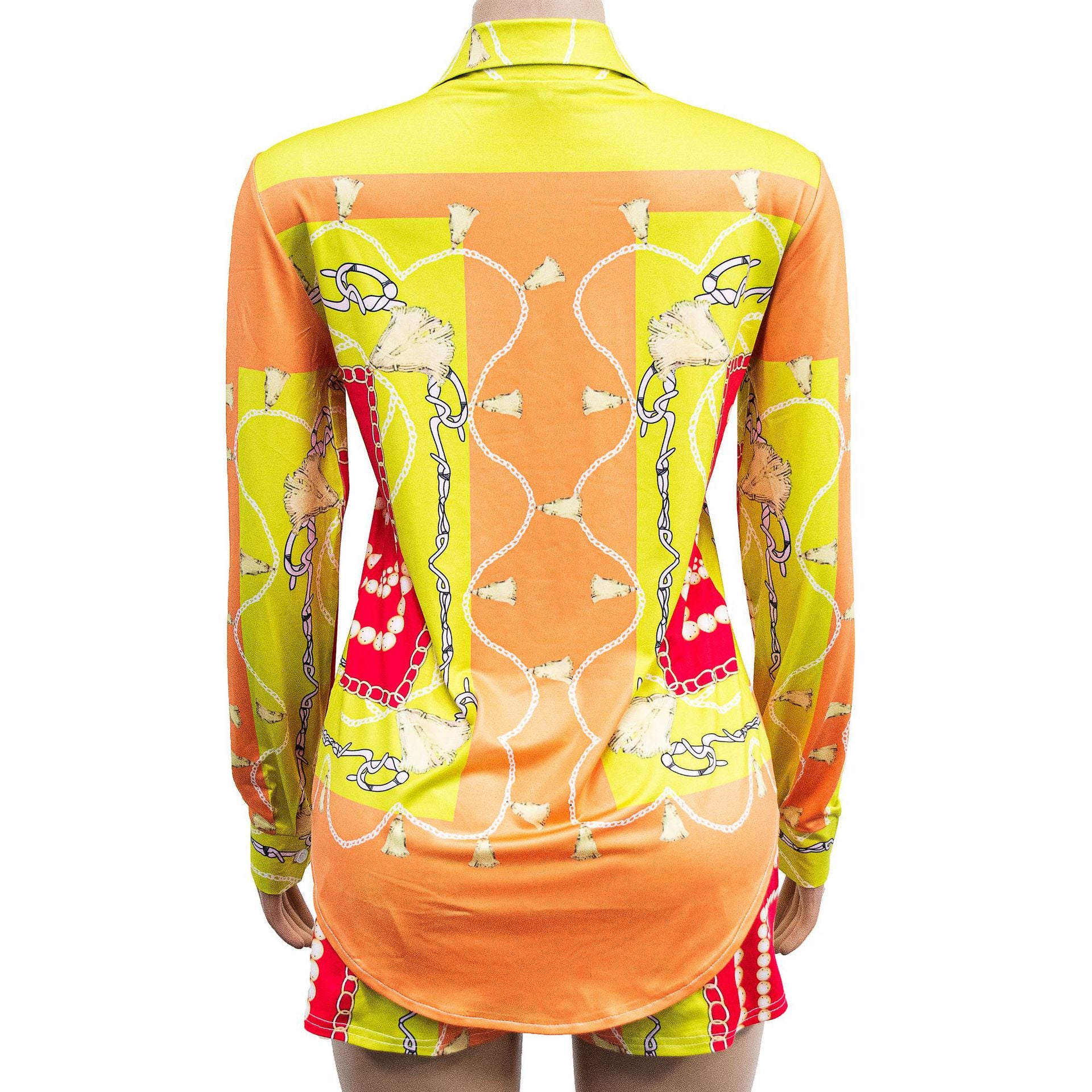 Ladies' Fashion Colorblock Turndown Collar Long Sleeve Shirt Shorts Two Piece Set 11