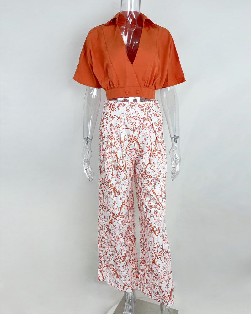 Women Clothes V-Neck Cropped Shirt Top Print Career Wide Leg Pants Two Piece Set 18