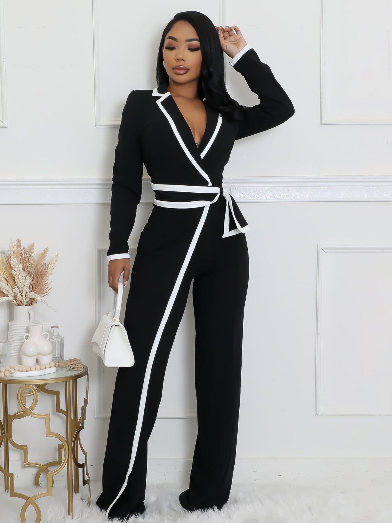 Women autumn and winter belt contrast color long-sleeved Jumpsuit 13