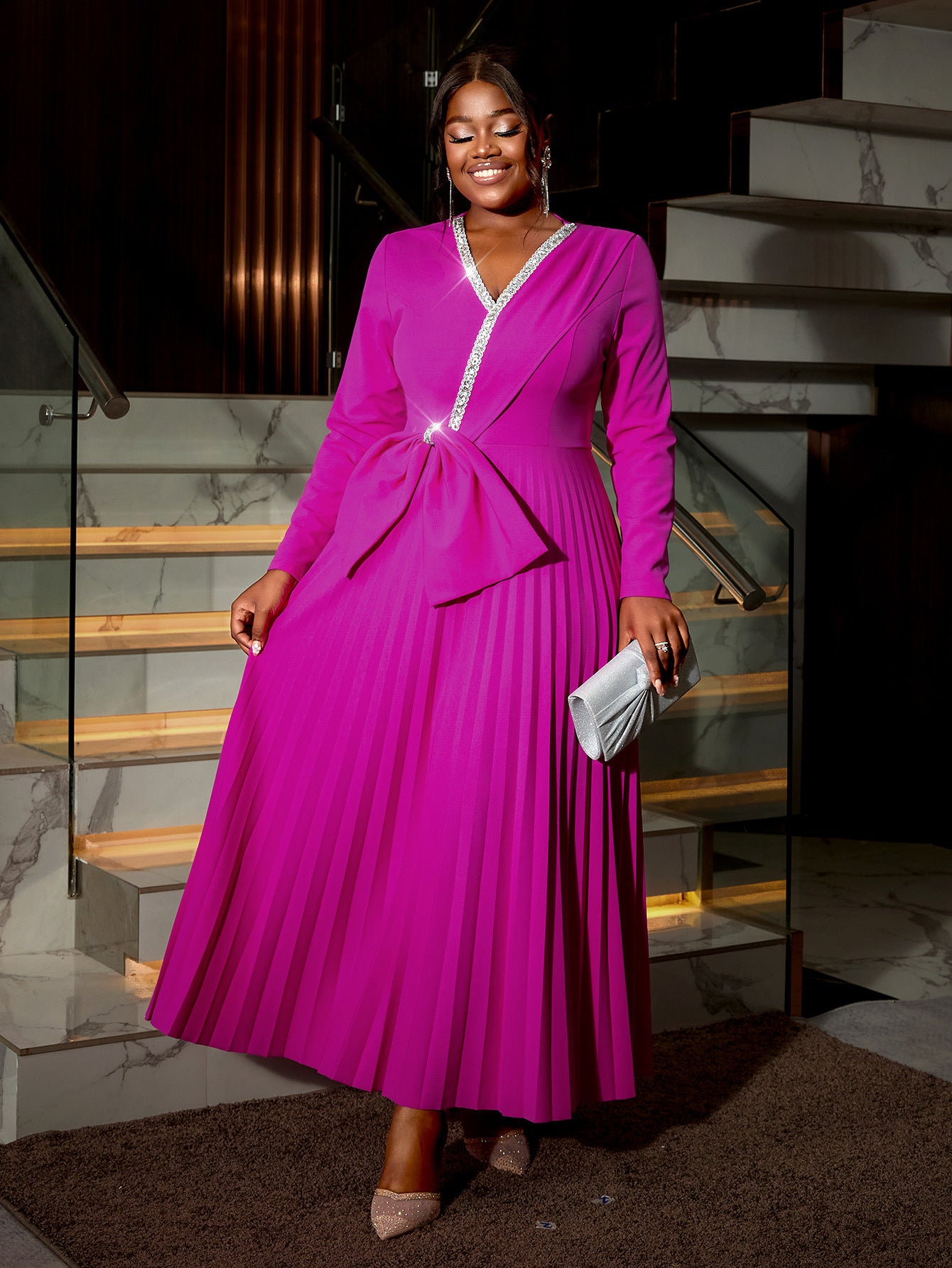 Women autumn and winter diamond v-neck bow party formal party pleated dress 7