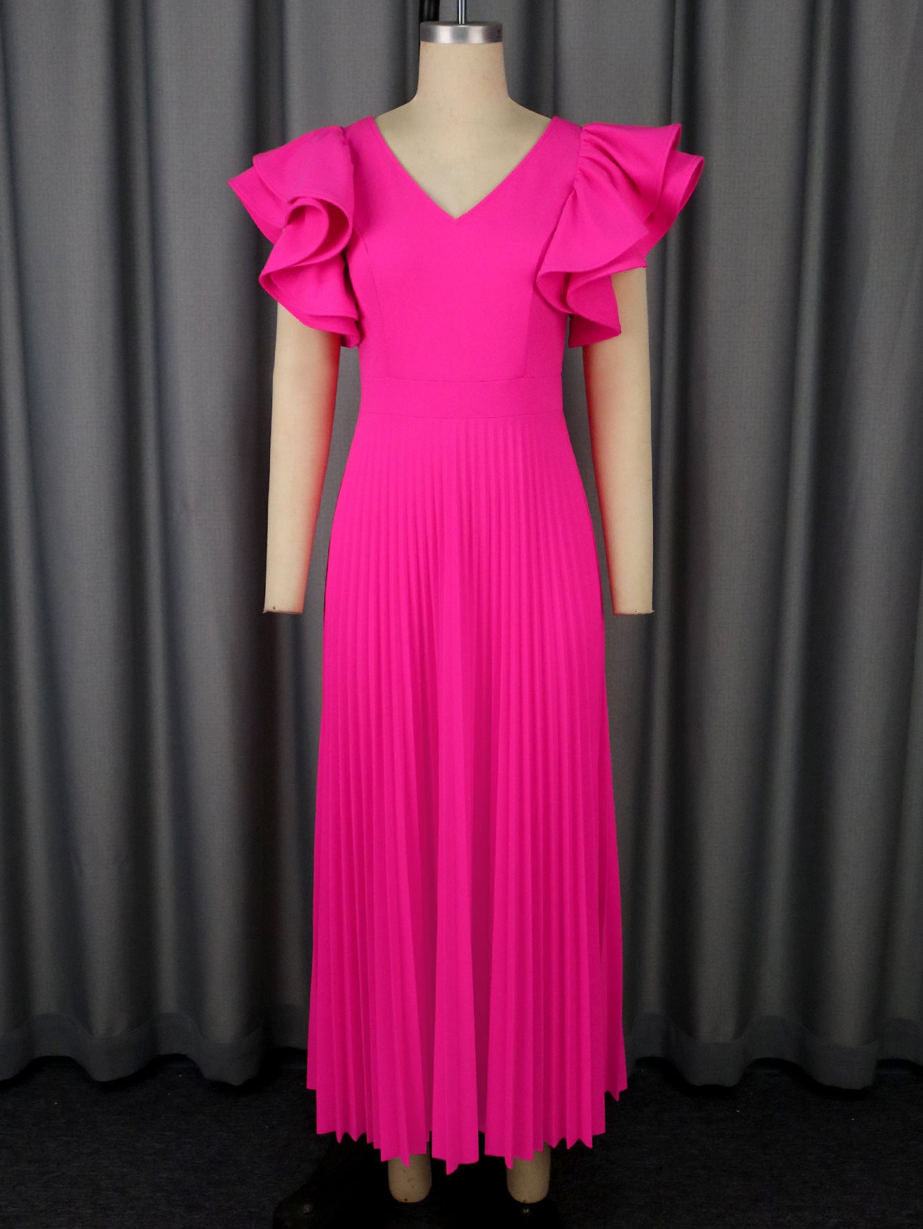 Women elegant Formal Party ruffle short sleeve V-neck pleated Dress 4