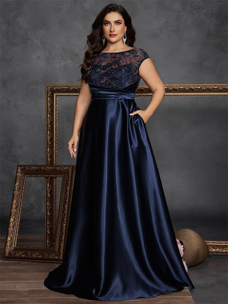 Plus Size Women's Fashionable Formal Evening Ball Gown Elegant Sequin Patchwork Round Neck Sleeveless Embroidered A-Line Dress