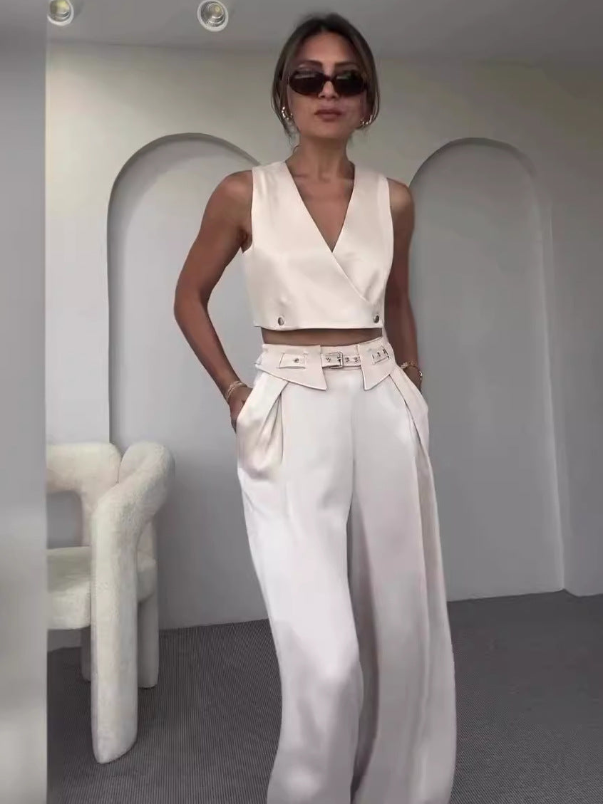 Summer women's solid color v-neck vest wide-leg trousers fashion set 6
