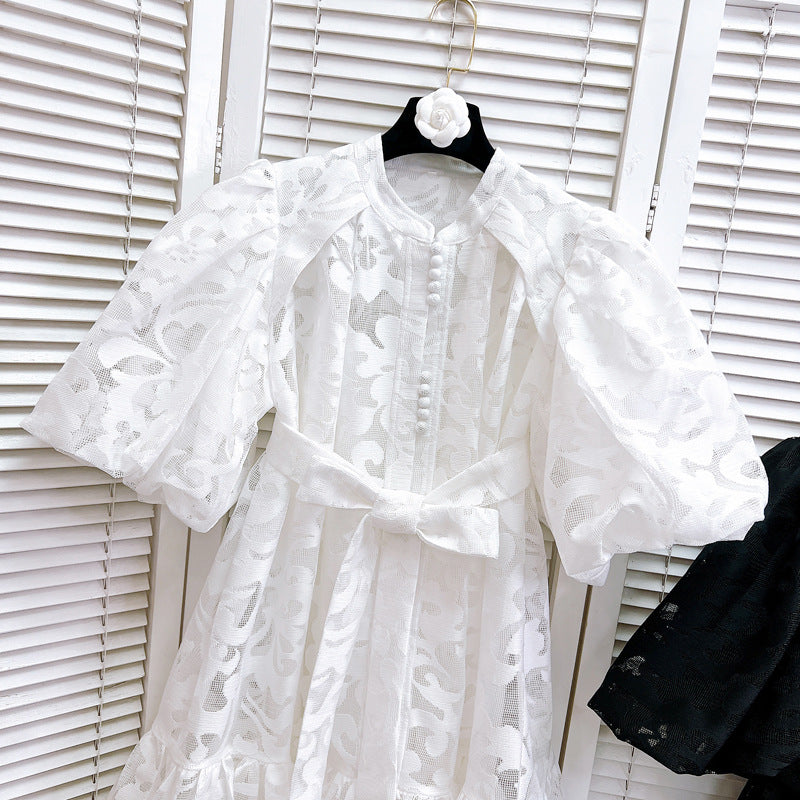 Women Round Neck Vintage Jacquard Puff Sleeve Casual Belt Dress 24