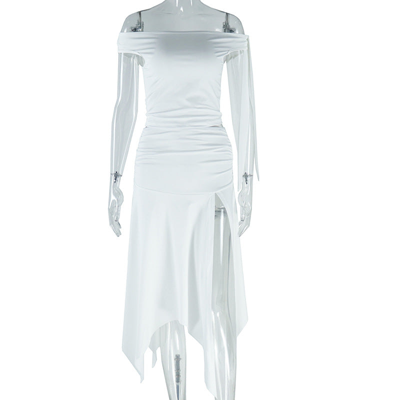 Women's Solid Color Sexy Off Shoulder Top Slit Skirt Two Piece Set 6