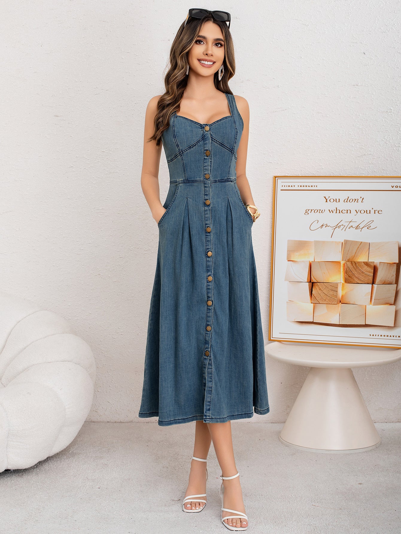 Women Spring/Summer Denim Button Stretchy Slip Dress 4