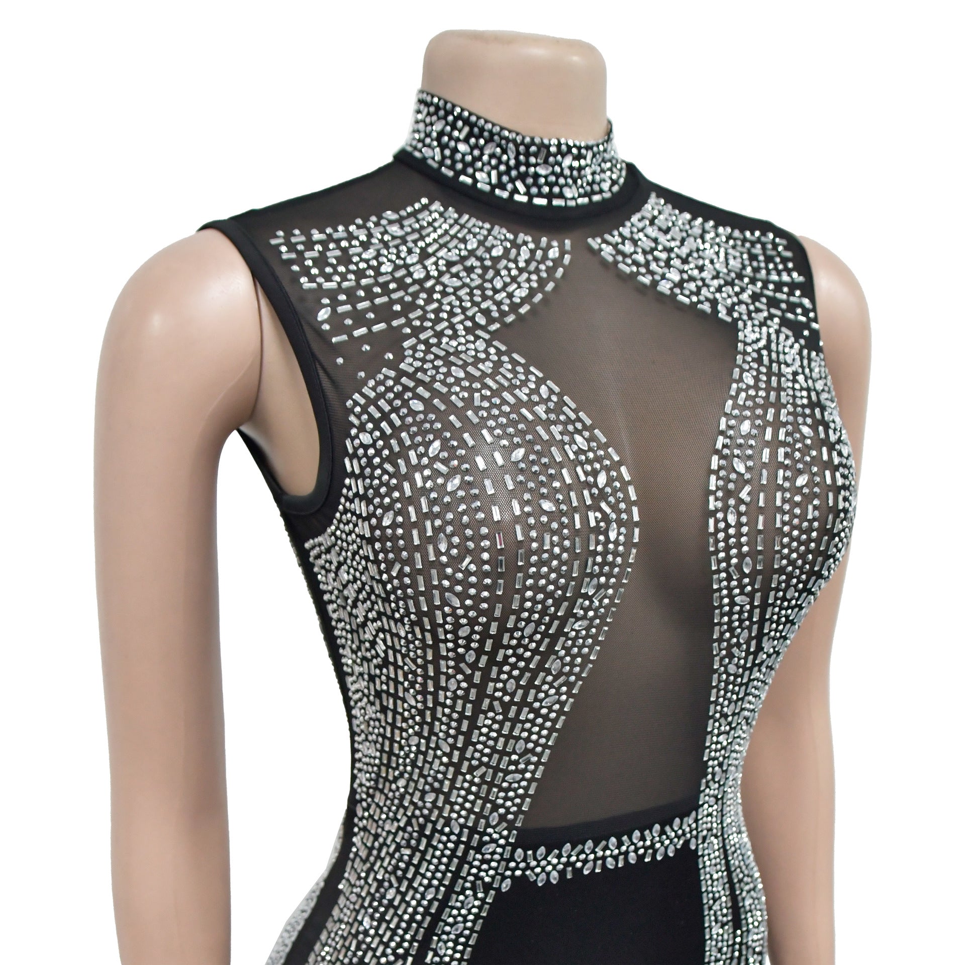 Women Solid Mesh Beaded Slit Maxi Dress 15