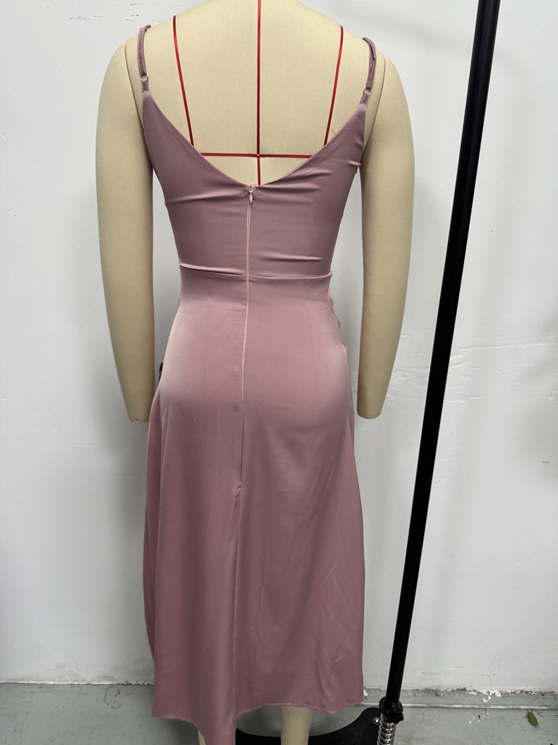 Women's Spring Summer Strap Satin Dress Sexy Pleated Bridesmaid Dress 10